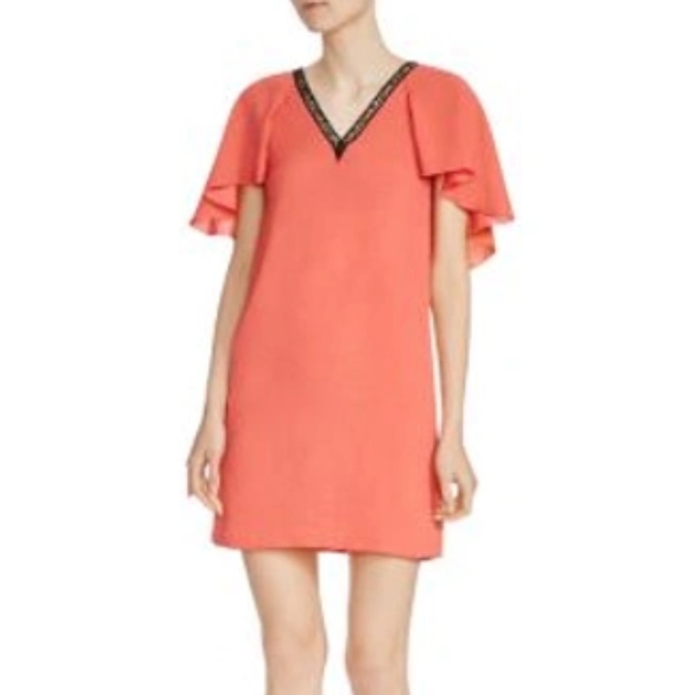 MAJE Women's Rysandre Crepe Flutter Sleeve V-Neck‎ Mini Dress Black Amour Trim M